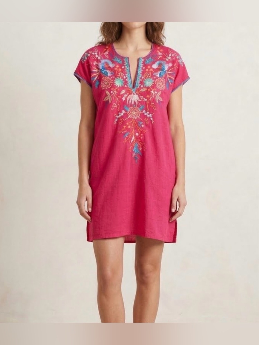 Johnny Was Ariel Embroidered Linen Tunic Dress Red Boho Shift V-Neck Size S